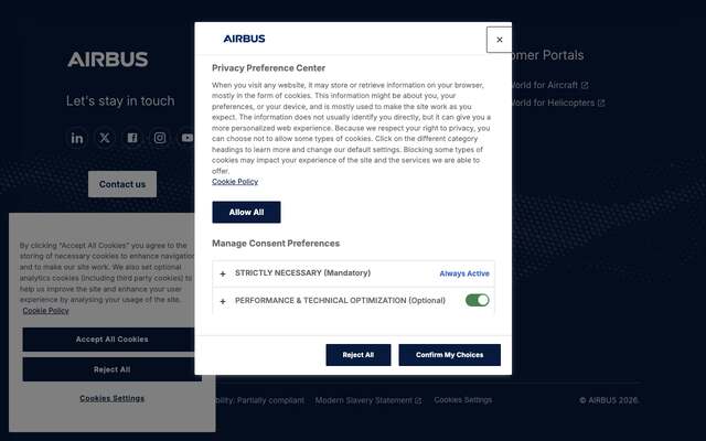Page d'accueil du site de Airbus